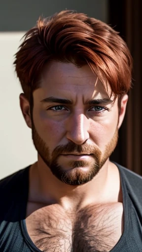 A 30-year-old badass man from Cohen with copper hair focuses on his face