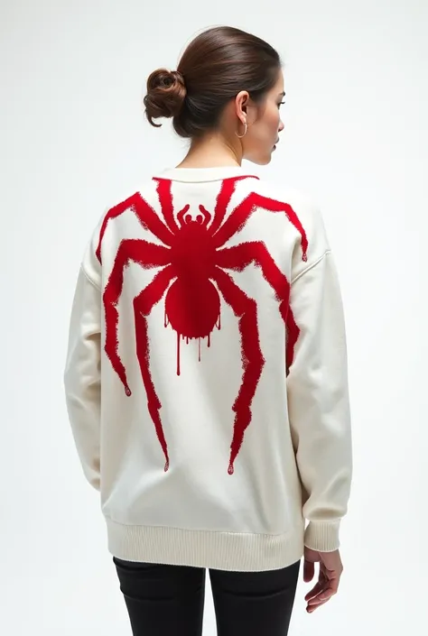  A white cotton sweater that has a painting on the back a large 8-legged spider, The spider is made of kissing marks of red lipstick 