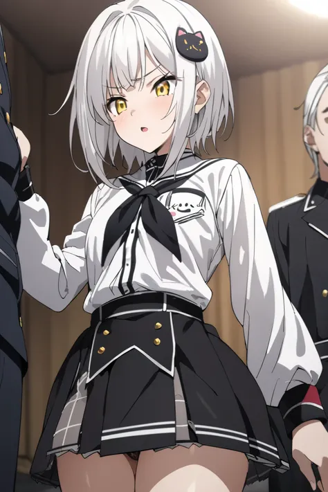 NSFW,masterpiece, top quality , high definition , very detailed,Tojo kitty cat、 short hair、 hair ornament、 yellow eyes、White Hair, skirt、uniform、 shirt、白い shirt、襟付き shirt、 neckerchief 、黒い neckerchief 、 Long Sleeve 、赤い skirt