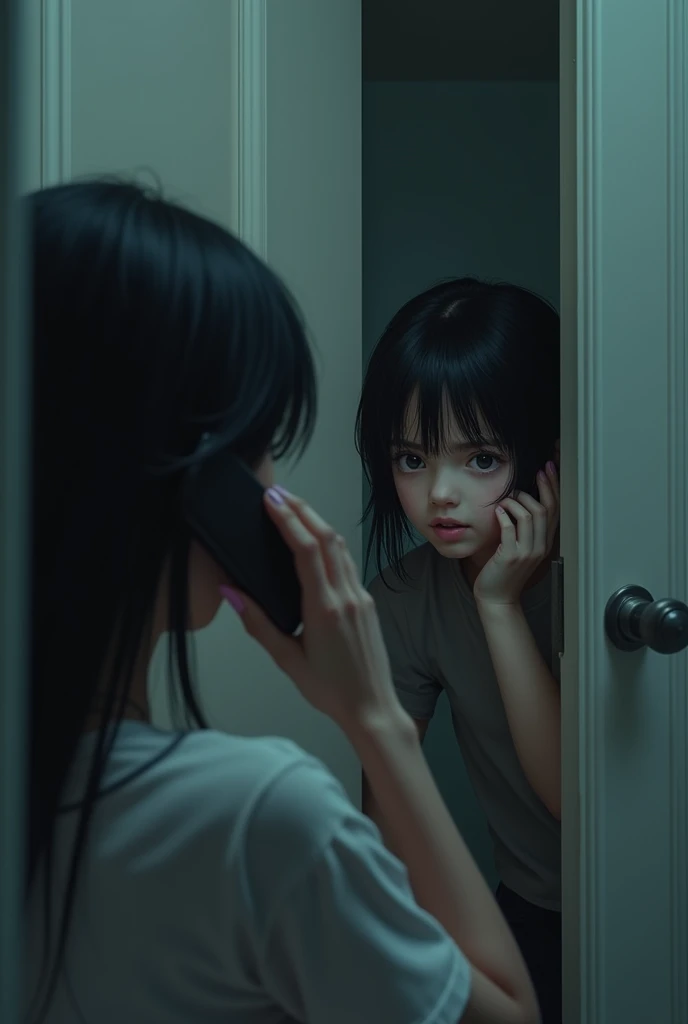  Little black-haired girl hiding and looking through the crack in the bathroom door a black-haired woman on her back answering a phone call, The s face is one of curiosity and fear 