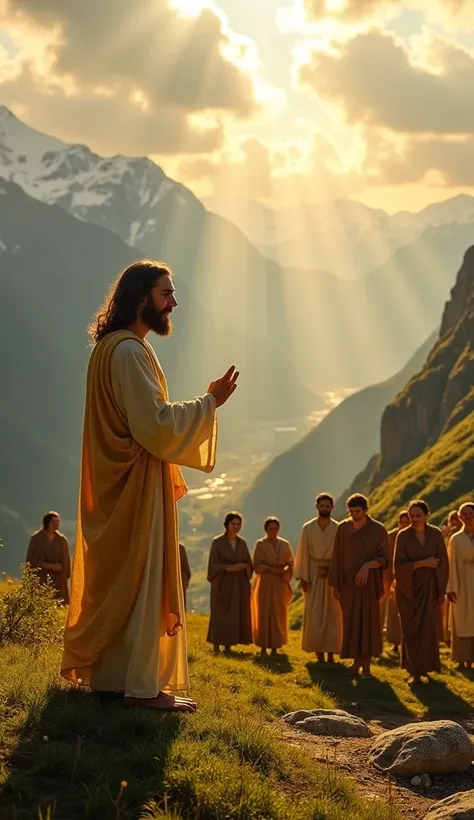 Envision Jesus standing on a lush mountainside, bathed in the soft golden light of the late afternoon. His robe, a shimmering blend of gold and white, seems to radiate divine warmth. Before Him, a group of lepers, once disfigured, now stand in awe, their s...