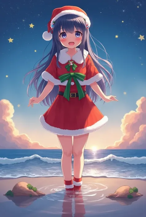 santagirl,chirtsmas,Award-winning photography，with many star，stars surrounding the girl，dawn blue，blue waves，happiness，dreamy fairy tale，fantasy，bright background，reflection，colorful，starry sky，8K,