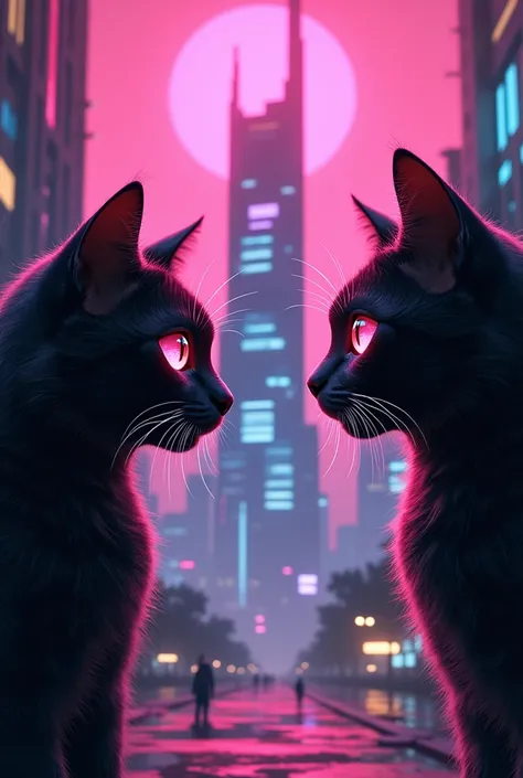  zooms into the eyes of two cats standing there. (Reflected as a picture of a cyberpunk style building  (Pink atmosphere )  in a future world hundreds of years away,  