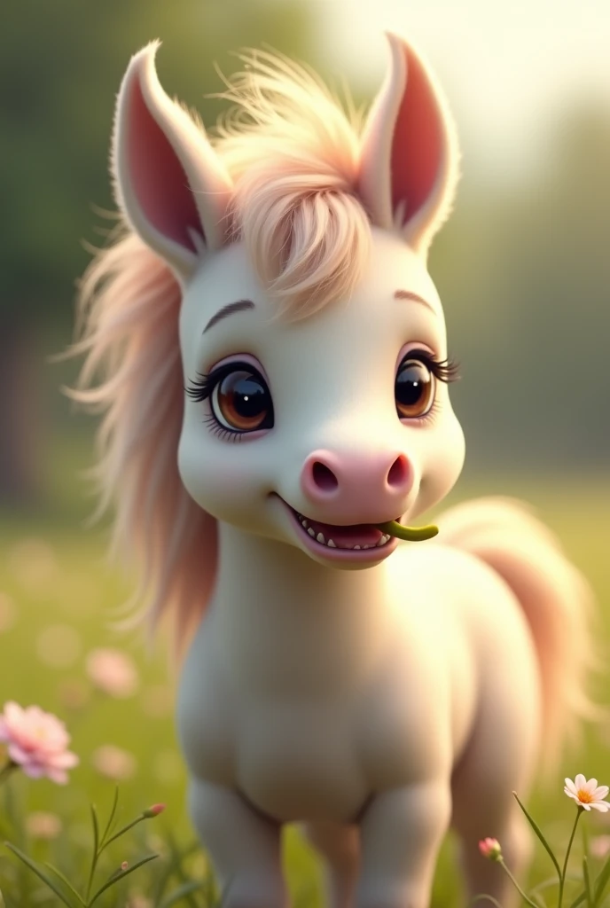  Create a realistic image in 9 format:16 of a very cute and small pony chewing