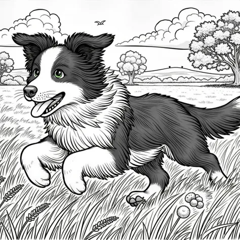 A Border Collie puppy running fast in a wide open field.