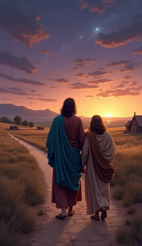 Picture Jesus walking alongside two disciples on the road to Emmaus as dusk settles in. The landscape is dotted with fields and small cottages, bathed in the soft, fading light of the setting sun. His robe, in shades of rich brown and deep blue, blends wit...