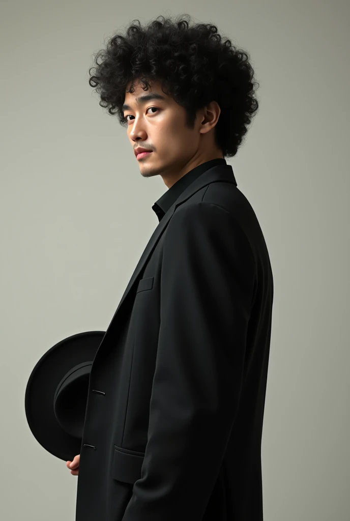 live-action、 real、 Handsome Japanese man 、Matsuda Yosuke 、  black suit、Wear a black tengallon hat with afro hair、profile、Hold the hat with one hand、