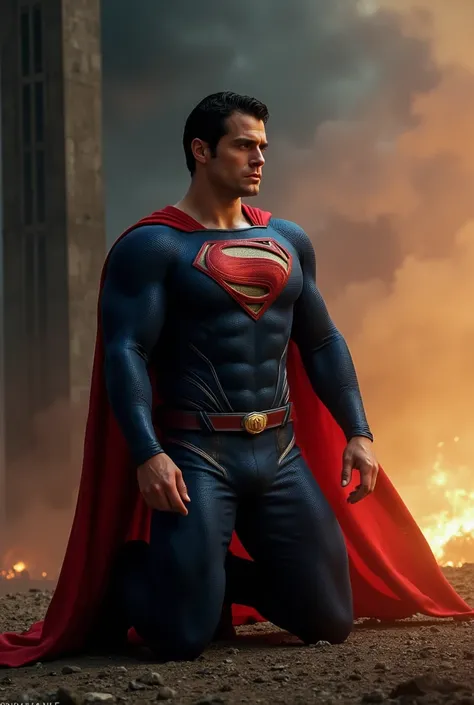 h3nr4, Henry Cavill Henry Cavill attractive, muscular, with short beard, dressed in a Superman costume, red belt and red boots, A red cloak flows behind him. kneeling on the floor with head slightly tilted down and eyes closed, with an expression of pain. ...