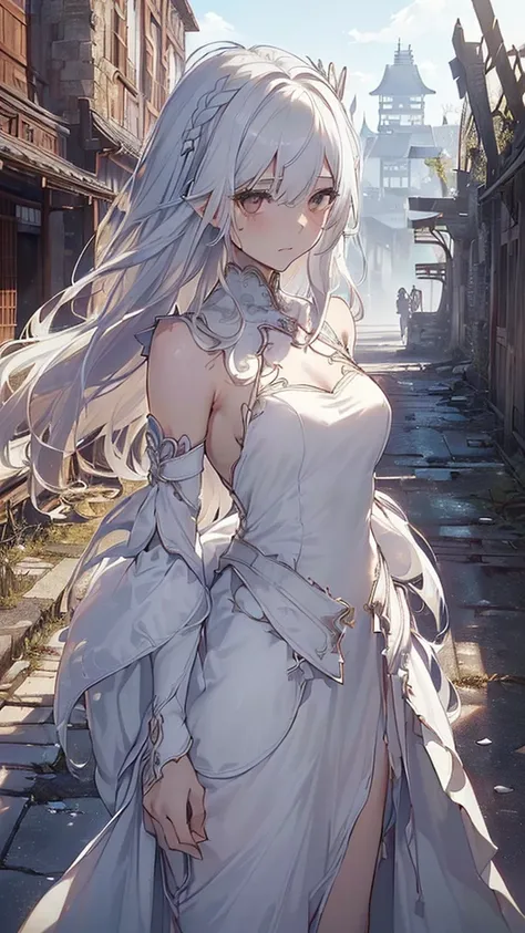 (( top quality 、 complete anatomy、 Details)),woman,(((日本人woman、Alone, slightly brownish white hair 、Hair that goes up to the shoulders 、 Fantasy Outfit 、royal dress 、Thin dress、 White Dress 、Melancholic face、 Ruined Town、A ruined castle、 Hair Fluttering in...