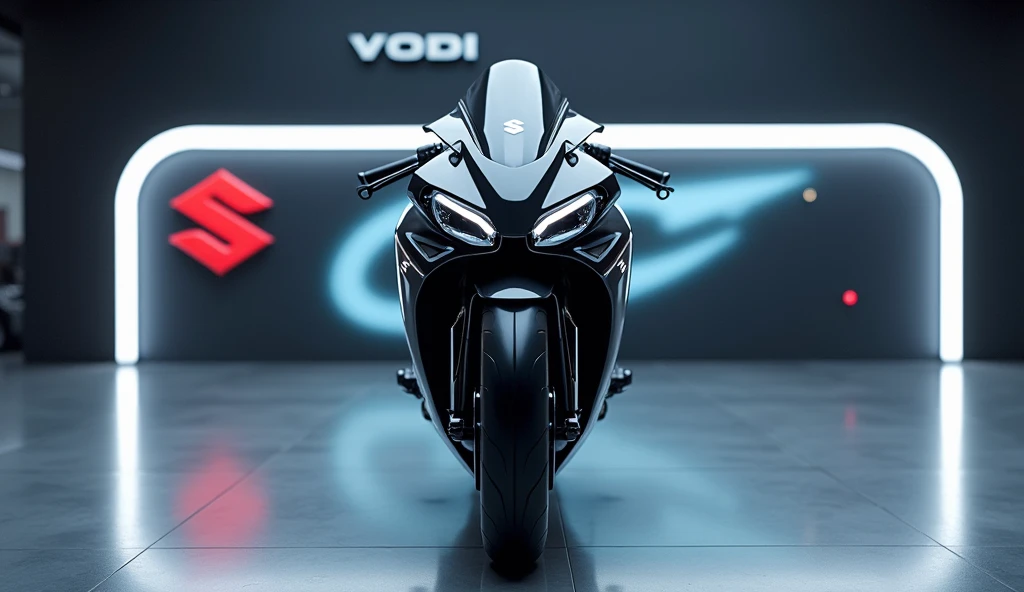 Create a thumbnail of a sleek, 2025 Suzuki Innovation V-Rod front in a futuristic space showroom. The bike should appear realistic and detailed, showcasing its design up close. In the background, display the bikes name and logo on the wall behind it, givin...