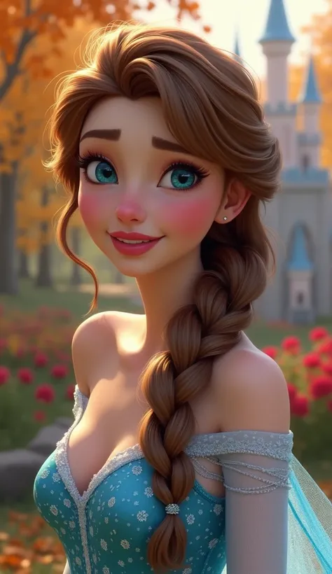 Elsas sister, (perky boobs), (((small boobs))), smile: 1.2, beautiful blue eyes, (perfect irises), depth of green color in her eyes, brown hair, long hair, braid, full lips, little blush, depth of field, bokeh, (special attention to skin detail: 1.2), mast...