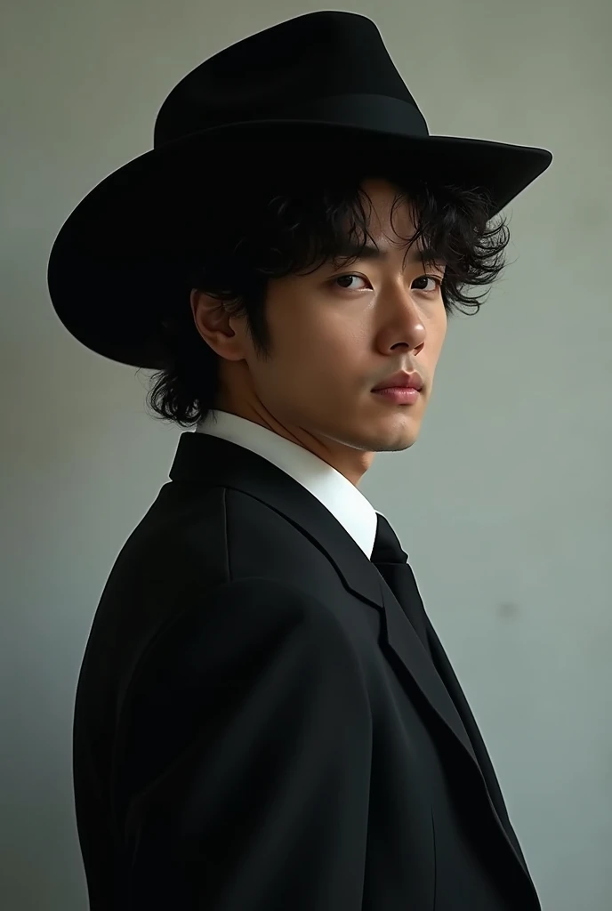 live-action、 real、 Handsome Japanese man 、Matsuda Yosuke 、  black suit、Wear a black tengallon hat with afro hair、profile、Put one hand on the hat