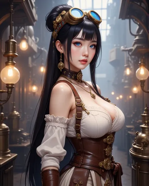 "A detailed portrait of a young Korean woman with striking azure-blue eyes, standing confidently in a steampunk-inspired setting. Her long, jet-black hair cascades perfectly straight down to her feet, sleek and glossy, reflecting light with a natural shine...