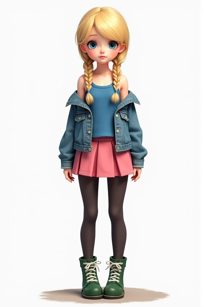 1girl, solo, teenager,  medium_breasts, blue_blouse, sleeveless,  pink skirt, short_skirt, denim_jacket, black_tights, short green boots white laces, long_hair,  blonde_hair, braids, light_blue_eyes light_skin, teen, innocent_expression,