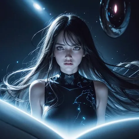 "A beautiful and cute woman, with delicate features, flowing hair, and wearing a futuristic space suit, is floating gracefully into a massive black hole in deep space. The scene is surreal and haunting: inside the black hole, it is not just darkness, but e...