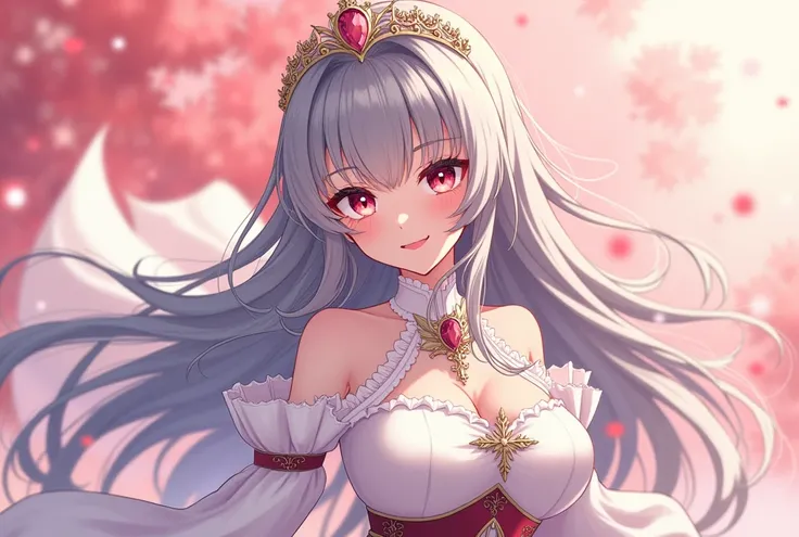  girl, top quality , Red eyes, orange eyes,Pink hair pin,Grey Hair, Hair Fluttering in the Wind ,  long hair,  Big Breasts , smile,  beautiful background,white queen dress , tiara ,Mysterious,anime,  Japanese illustration style, 