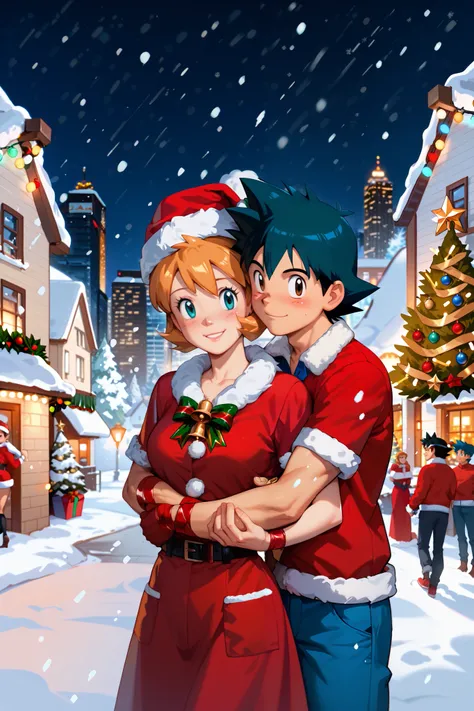 highly detailed, (couple), hetero, (duo focus), highres, 1man, 1woman, BREAK, 1man, ash ketchum, ashxyz, aged up, handsome boy, good looking boy, santa outfit, santa hat, hugging from behind, arms wrapped around girl, BREAK, 1woman, Misty_G, christmas outf...