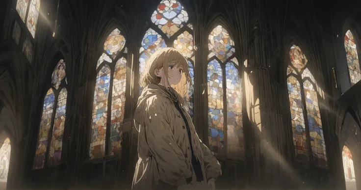 church, one girl, blonde hair, cry, stained glass,  wide angle, anime keyvisual, in chainsaw man style, best quality, masterpiece, perfect anatomy, cinematic lighting, caustics, upper body, wide shot, 