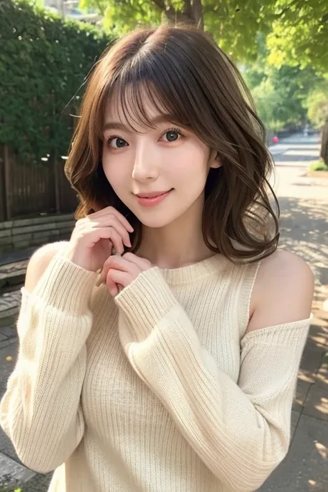  mature girlfriend 、 clear 、virgin、28 years old、 Fluffy wavy shoulder-length hair 、Double teeth、Shapely breasts、 bright 、 Japanese 、 long sleeve knitted sweater、 body lines、 realistic feel