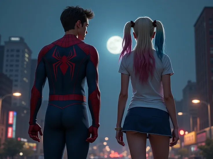  Create a realistic photo taken from afar of the characters Peter Parker ( 18-year-old with an attractive face and athletic body , although, nothing exaggerated) and Harley Quinn( 22-year-old young woman wearing a short skirt and white t-shirt with a perfe...