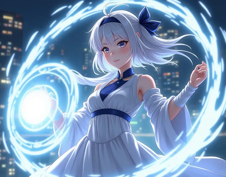  Female character with short gray hair . s hair is soft and calm, ,  Wearing a black headband on top of the head adds a sophisticated look . } Night view of the city faintly visible from a window or monitor . A strand of hair standing on top of the head . ...