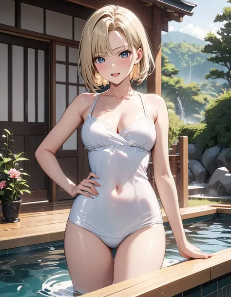 ( Japanese anime style ),  cute, ( android１８Number:1.5),  Cowboy Shot , Married Woman, excited,  Outdoor Bath, bathing, masterpiece:1.5, masterpiece, highest quality, UHD, retina, masterpiece, accurate anatomy, super detailed, high quality, best quality, 8...