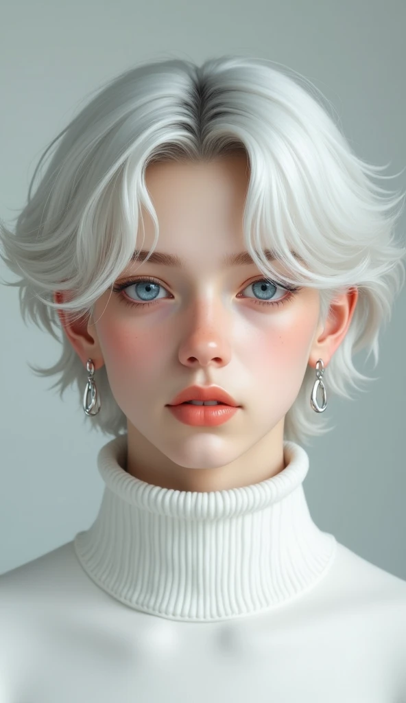 front view, realistic, a boy from, High school, medium length Wave white hair with Beautiful blue color eyes, silky hair, wears white turtleneck , realistic, small silver earrings