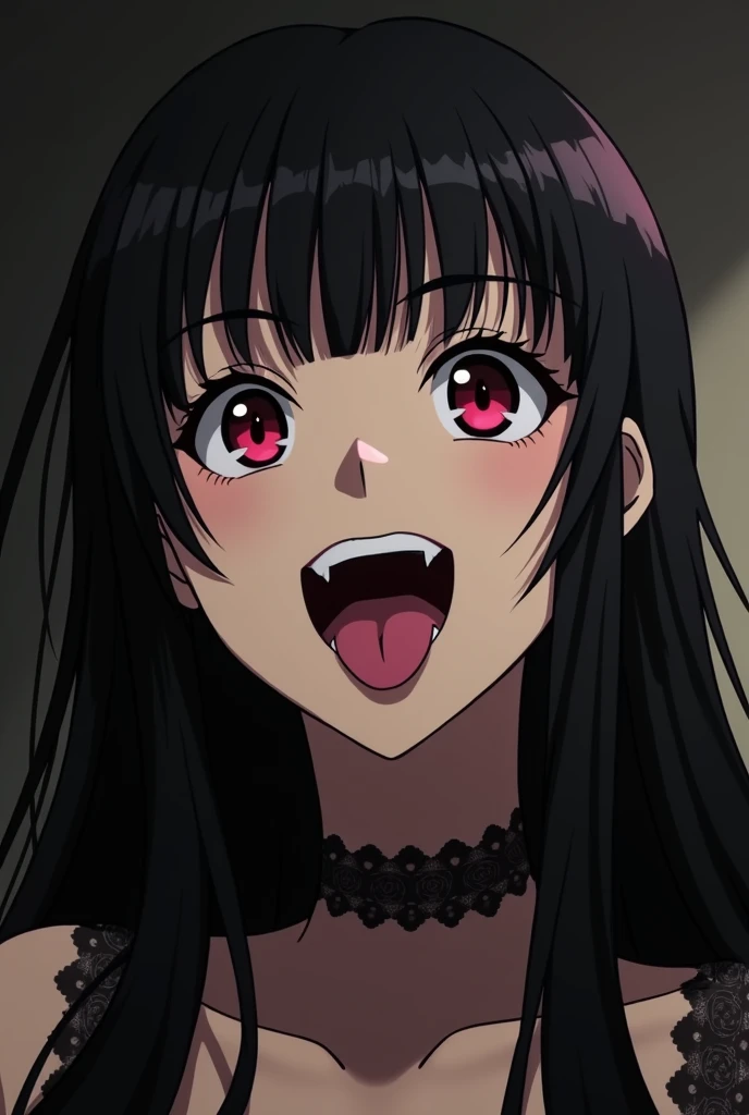 Brown skinned anime girl with long black hair sticking out her tongue, 29 - year - old goth woman, style of junji ito, anime vampires, goth girl, in the anime series ergo proxy, goth girl aesthetic, gothic maiden anime girl, raven black hair, style of madh...