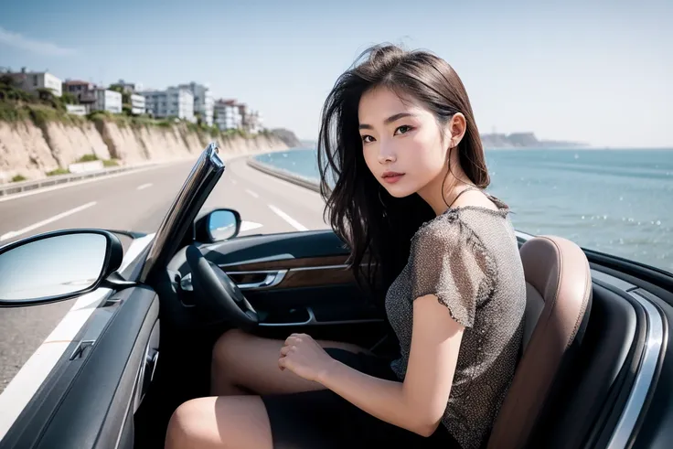 Incredible beauty、 pretty girl, Sitting next to a convertible, Drive along a beautiful seaside road , Her hair is shaking a lot in the strong wind