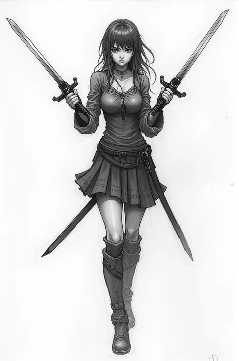 A black and white sketch of a girl standing holding two swords 