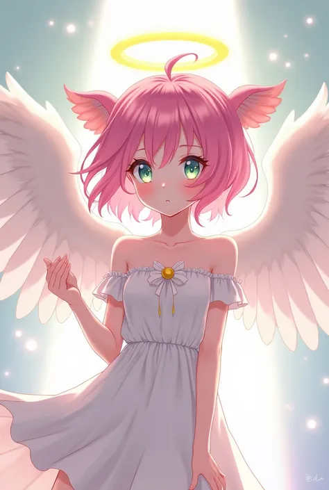  Draw a pink-haired anime-style character ,  with a pair of wings on her head and a halo behind her head with light green eyes, with a white dress short white dress  