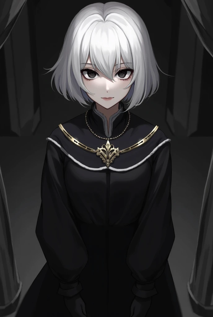 (masterpiece), best quality, expressive eyes, perfect face, 1girl, short/medium hair, wearing royal clothes, wearing a dress, dark outfit tones, scary expressionless face, black eyes, white hair color, black eyes, standing, looking eyes camera above