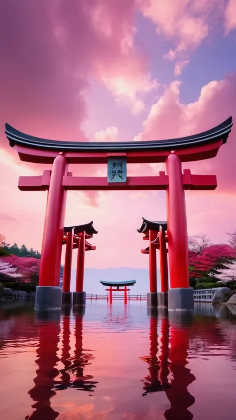  take a picture of the torii gate from the front、Red Torii Gate、Torii from the front、Mysterious Torii Gate、cherry blossoms、Pastel color scheme 、Colorful、 amazing、 beautiful、Pink Sky、 beautiful自然、masterpiece、 top quality 