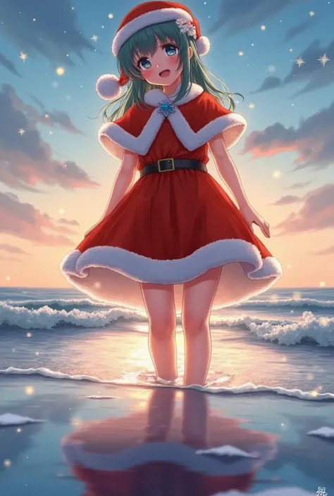 santagirl,chirtsmas,Award-winning photography，with many star，stars surrounding the girl，dawn blue，blue waves，happiness，dreamy fairy tale，fantasy，bright background，reflection，colorful，starry sky，8K,