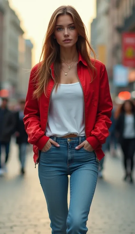 Très belle jeune femme dune vingtaine dannées, les yeux verts, les cheveux longs et châtain, elle porte une veste rouge un t-shirt blanc, un jean bleu et une paire de basket, elle est dans la rue