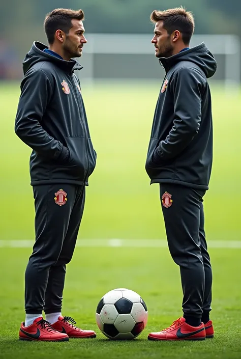 I want you to make me an image of two young soccer coaches wearing jumpsuits and jackets, one in front of the other challenging each other because they are going to face a soccer match between them and that you have a soccer ball