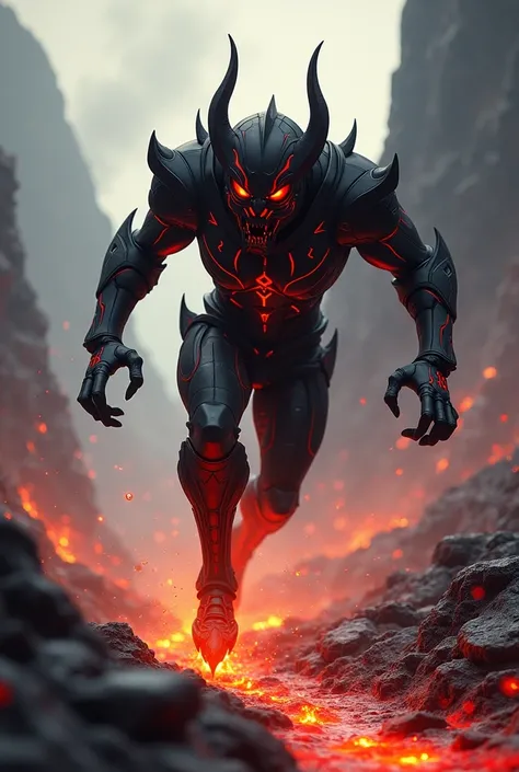 humanoid goblin, with black armor and red details covering the entire body and face, running in a lava field