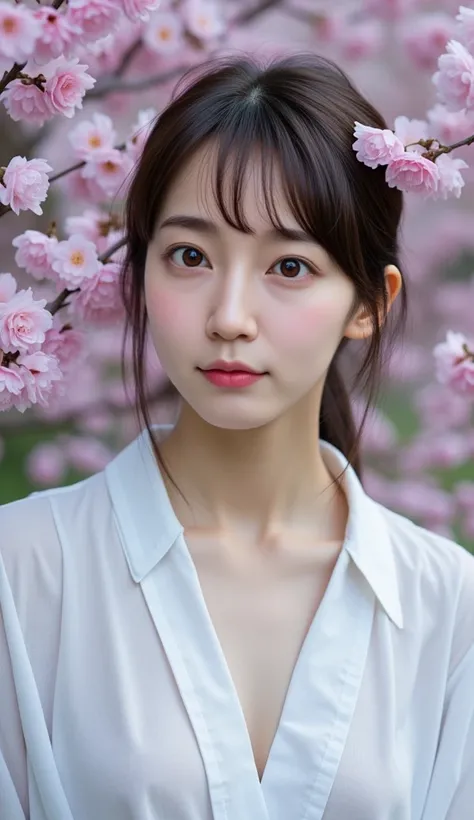    Highly detailed depiction of a young Asian woman   ,  pale  ,   Graceful personality   ,   gives an angelic expression  .   Expressive eyes 、 It is full of purity and surprise 、 has increased softness  ,    Her hair and skin tone   .   shes wearing a la...