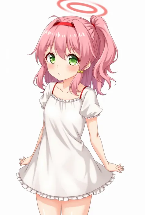 Draw an anime-style character with pink hair tied in a forward ponytail with a fringe and a small white lock, with a pair of wings on her head and a halo behind her head with light green eyes, with a white dress short white dress  