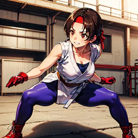 Yurimus,  girl,  red headband, White Dagi,  spandex , Red gloves,  red high heels,  watching viewers against a tropical island in the background, Serious, smile,, Dark Warehouse, Extremely detailed,  high definition , Beautiful quality, 
Karate stance、 rug...