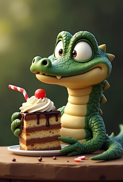 depict a crocodile holding a piece of coffee flavored sponge cake and also ice teller, the crocodiles expression shows that he likes and smiles at the food and drink and also the crocodiles face is nice