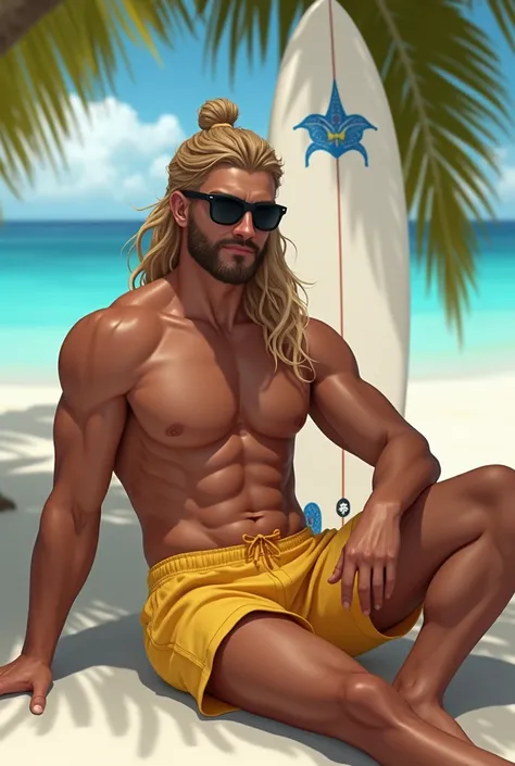   create the image of a 27-year-old man  ,   Thëëo Jamëës with long wavy blond hair tied in a bun, barba,   square face  ,   fair skin  ,   strong and muscular  , barefoot,  definite abdomen , strong body,   wearing yellow shorts , black sunglasses ,  sitt...