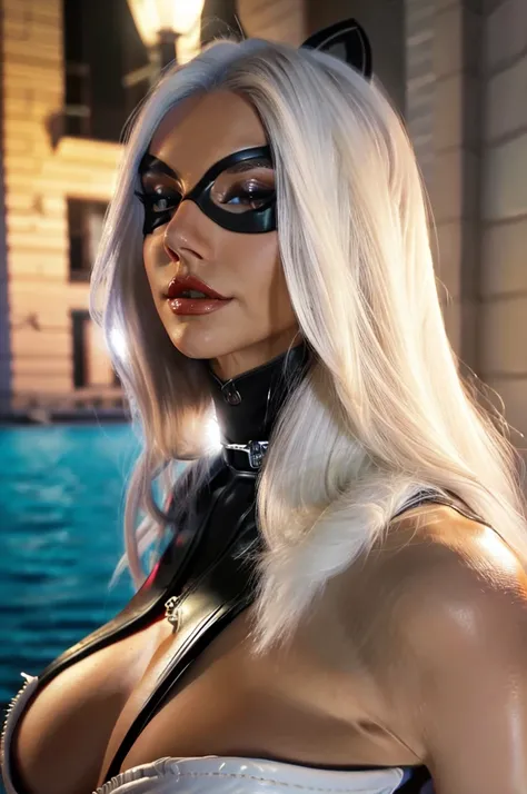 (8K), ( best quality),  ALEXIS-REN, straight-on,upper-body,looking a viewer, break, cartoony_Felicia_Black Cat Long hair,white colored hair,lipstick,blue eyes,makeup,lips,large breasts,clavicle,red-lips,claws,extra very long hair, mask,Bodysuit,domino mask...