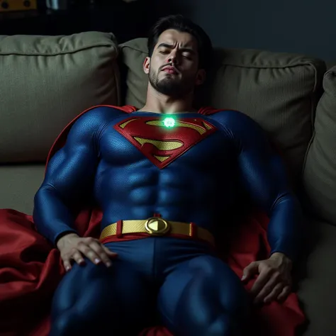 AustinTheory. wearing a blue Superman costume, Superman suit, His chest displays the iconic "S" symbol. Supermans traditional red cape is present, attached to the shoulder and flowing behind him, lies on a sofa at home, pained facial expression, almost unc...