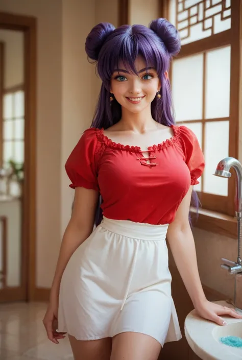 Ranmas Shampoo happy smile teen girl teenager curvy body, purple hair, long straight hair, blue eyes two bun side by side and long hair,, use just a long Chinese red blouse like a dress