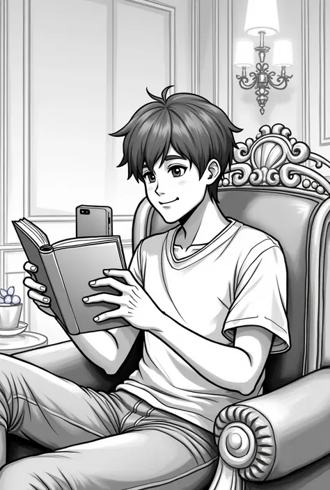 A young cartoon man in black-and-white sketch style, sitting in a luxurious and stylish room with elegant decor. He holds a book in one hand and a smartphone in the other, taking a close-up photo of the book and himself together. The man looks happy and fo...