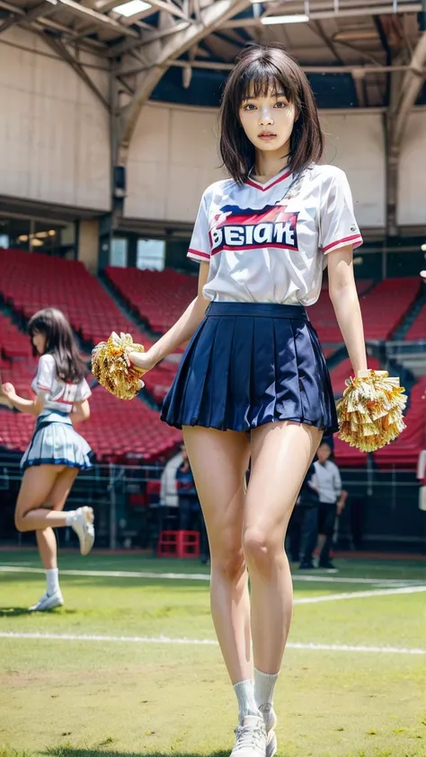 A beautiful young Japanese woman, 20 years old, with perfect anatomy, healthy thighs, beautiful feet, flawless skin, random hair color and style, large bust, (she is standing:1.2), wearing a cheerleader uniform with micro-pleated miniskirt, in a full body ...