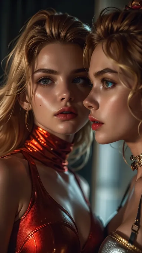 two blonde hair brave naughty 2 girls in dark red satin metallic clouthing,very long legs, beautiful detailed eyes, beautiful detailed lips, extremely detailed eyes and face, long eyelashes, metal bar, metal cuffs around wrists and neck, dark fantasy, cine...