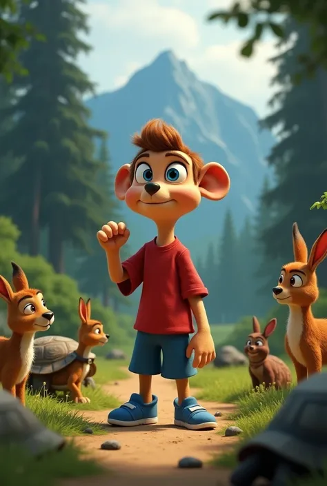 A Pixar-style cartoon scene of Copper standing in a woodland clearing, surrounded by small animals like deer, turtles, and rabbits who look surprised. Copper has a determined expression, his big blue eyes shining with confidence. He gestures toward a dista...