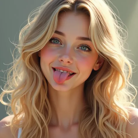 realistic image of 24 year old woman, blonde,  long wavy hair ,  fair skin ,  tongue , Haley Stardew Valley